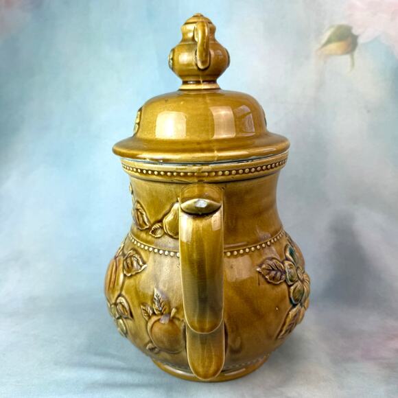 Vintage 70s Teapot Shaped Floral Fall Pumpkin Crackle Finish Ceramic Cooke Jar - Picture 5 of 9